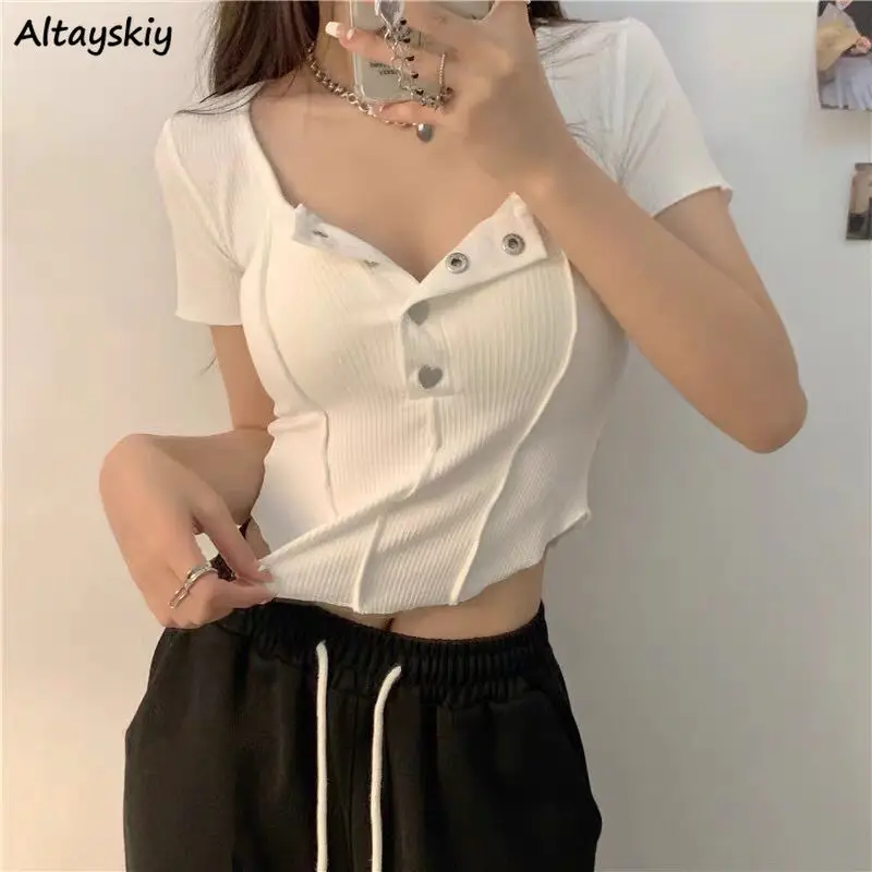 

Футболки с коротким рукавом женские короткие топы облегающие сексуальные милые шикарные уличные Клубные базовые Универсальные женские Мо...