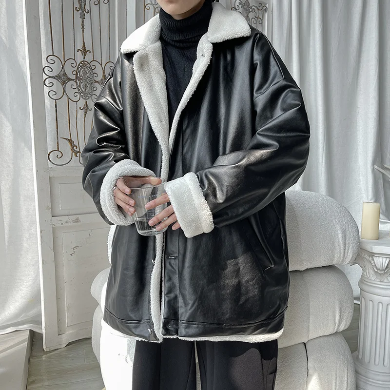 Winter Jacket Men Warm Fashion Brown Black Thickened Leather Jacket Men Korean Loose Thick Leather Short Coat Mens Parker M-2XL