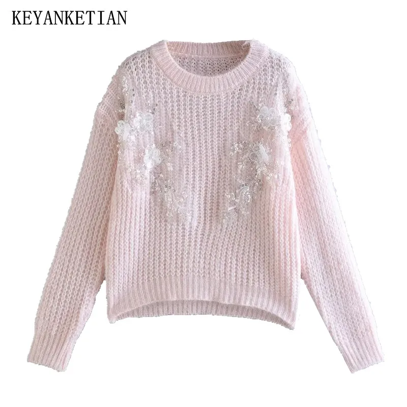 

KEYANKETIAN Autumn/Winter New Women's Sequined Beading Flower Decoration Sweater Pullover Chic Fresh Soft Knitwear TOPSSmock