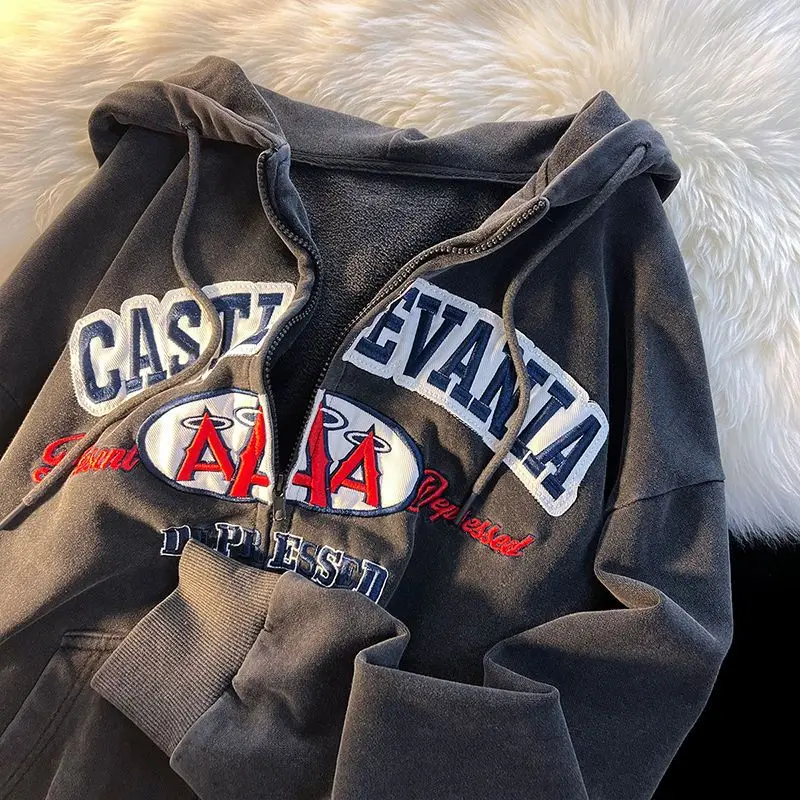 

2022 American Retro Gothic Design Sense Embroidered Letter Zipper Hoodie Female Y2K Couple Streety Wind Loose Versatile Hoodie