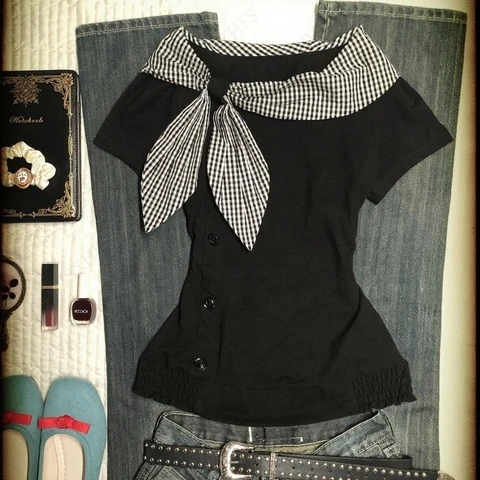 Girly Bow Tie Футболка 2000-х годов Kawaii Sweet Streetwear Темно-черный сетчатый однобортный топ Femme Punk Y2k Эстетические винтажные футболки