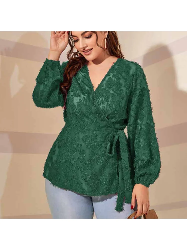 Spot large women's tie bow top V-neck long-sleeved commuter loose plus size T-Shirt