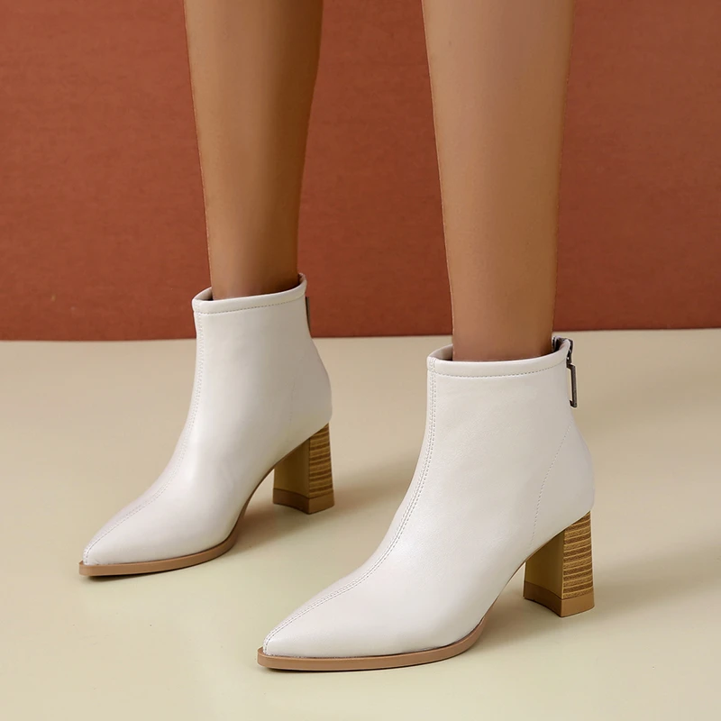 

2022 Autumn New Women's Ankle Boots Fashion Pointed Toe Short Boots Zipper Square Heels Comfortable Lady Shoes High Heels Boot
