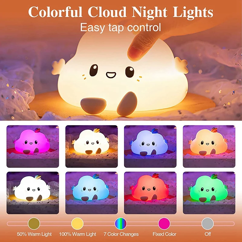 Promotion! LED Children Night Light USB Rechargeable Touch-Control Silicone Cloud Nursery Lights With 7-Color Breathing Modes |