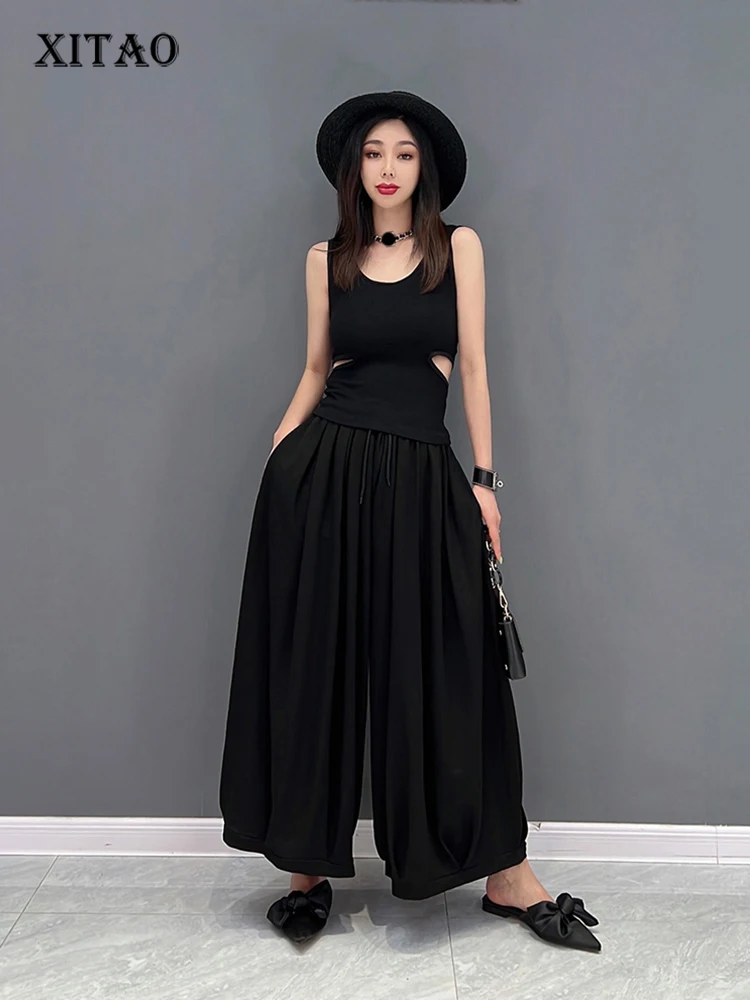 

XITAO/комплекты из черных штанов; Модные Узкие штаны с открытой талией, со складками; Повседневные широкие брюки; Комплекты из двух предметов; ...