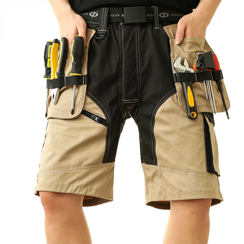 Pantalones Cargo para hombre, tela de algodón y poliéster para reparador, pantalones de trabajo cortos con bolsillos multifuncionales para herramientas, Color sólido