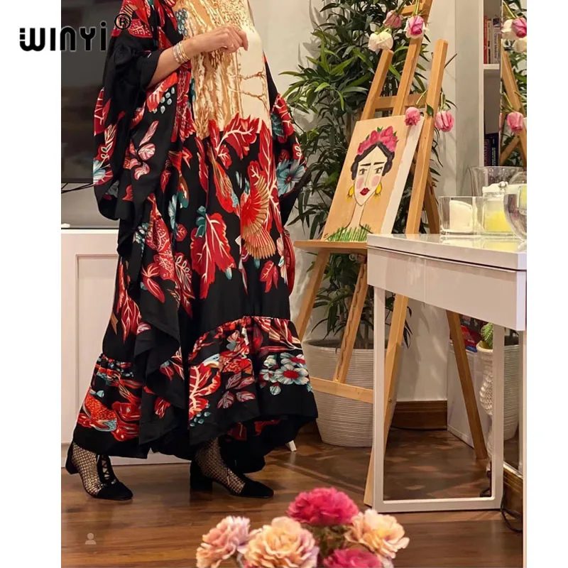 

WINYI 2023 Кувейт дизайнерское элегантное женское платье с длинным рукавом с одним вырезом модный принт abaya Средний Восток женский свободный ка...