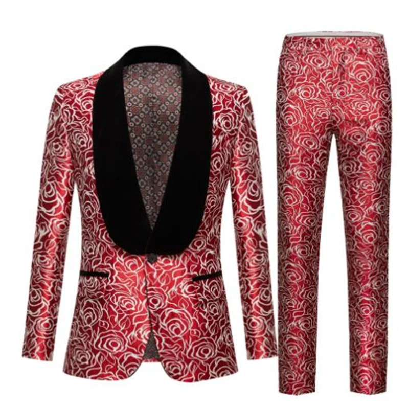 Red rose jacquard suits mens blazers jackets blue fruit collar European and American style ropa hombre blousonschaquetas de