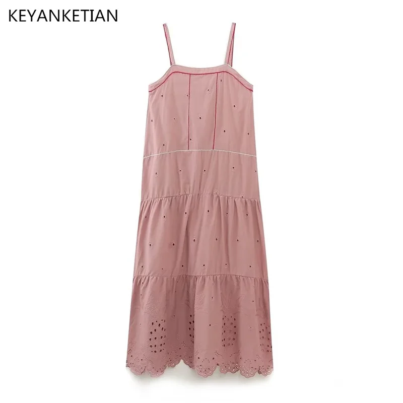 

KEYANKETIAN Summer New Hollowed Out Flower Embroidery Rose Pink Suspender Dress French High Waist Slim Cotton Ankle-Length Skirt