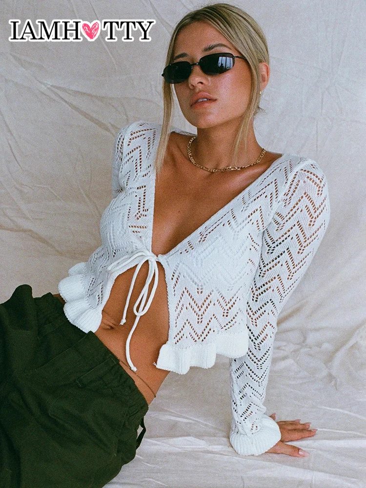 

IAMHOTTY вязаный крючком свитер кардиган женский милый белый вязаный жакет с длинным рукавом тонкое пальто осенняя эстетика кавайный Топ осень
