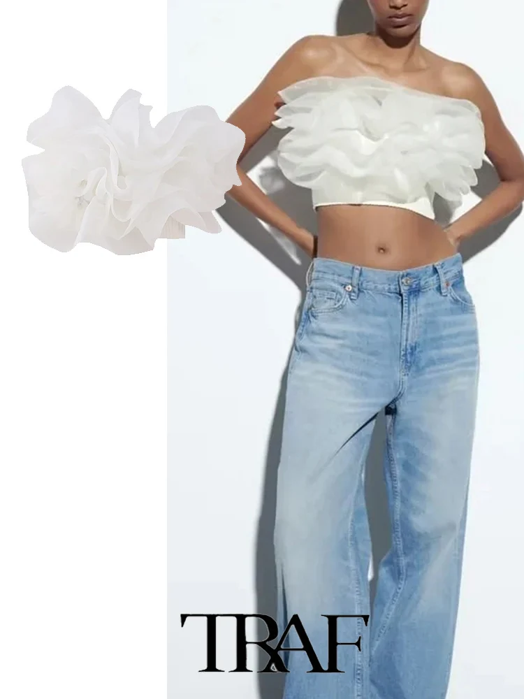 

Сексуальные женские летние облегающие майки TRAF 2023, без бретелек, с аппликацией, без рукавов, прозрачные цветочные топы