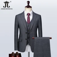 (Jacket+Vest+Pants) Fashion Plaid Casual Suit Groomsman Dress Groom Wedding Dress Men's Workwear Gentlemen British Prom Tuxedo