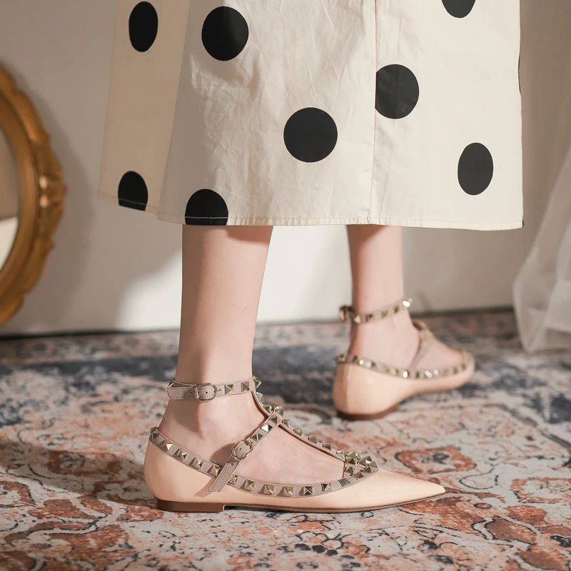 2023 Summer Women Genuine Leather Luxury Single Shoe Ankle Strap Designer Fashion Metal Rivet Pointed Flat Bottom Women's Shoes