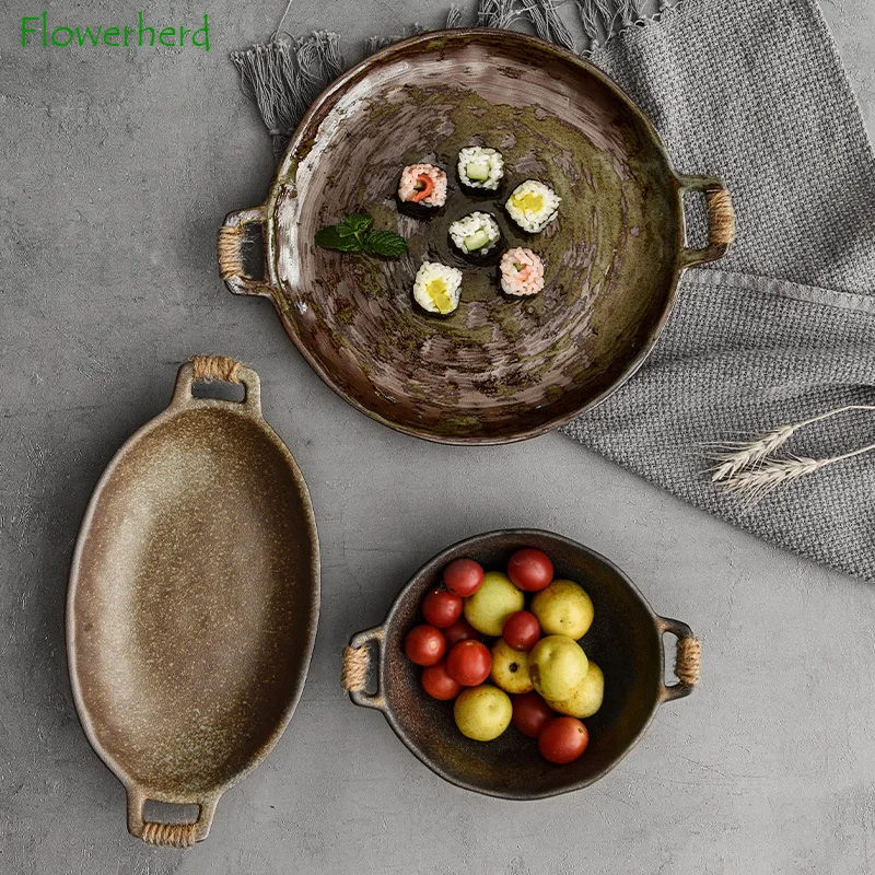 

Japanese Ceramic Plate Tableware Dinner Plate Retro Handmade Plate Creative Hotel Household Fish Plate Steak Plate Salad Bowl