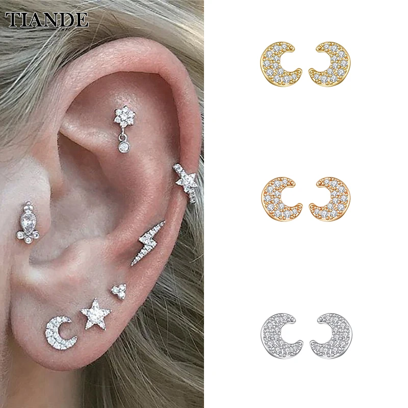 

TIANDE Silver Color Gold Plated Moon Stud Earrings for Women CZ Zircon Piercing Huggie Earrings 2022 Fashion Jewelry Wholesale