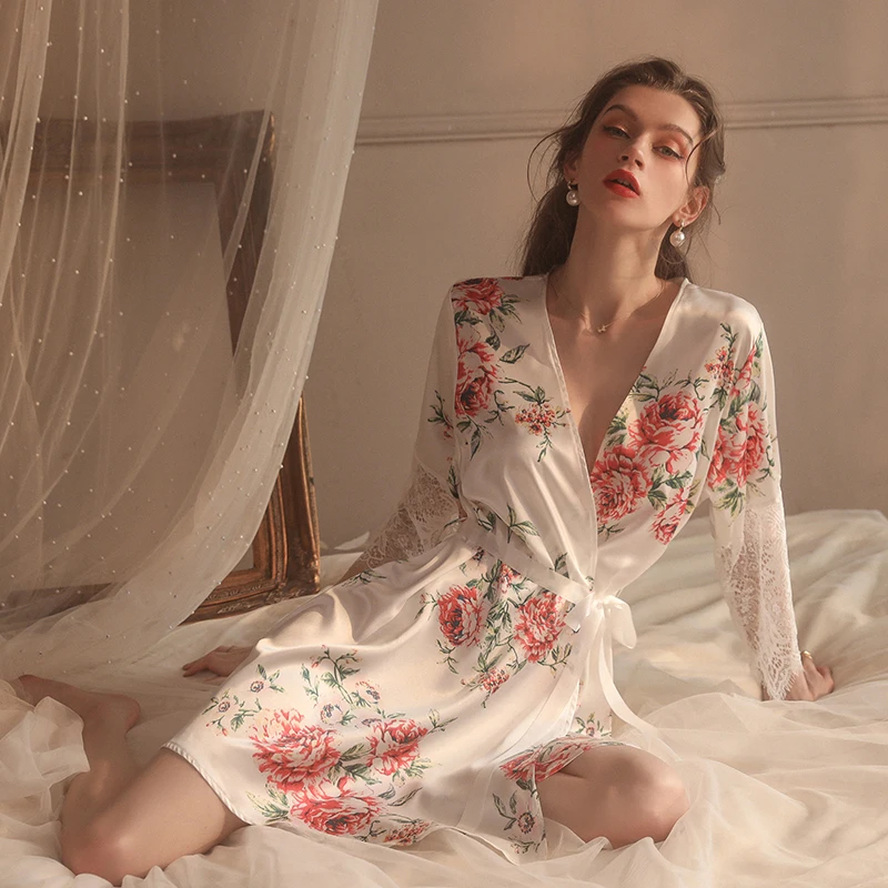 

Атласный шелковый халат с поясом, Женская кружевная Пижама с розами, сексуальное нижнее белье, халат, цветочное кимоно, подарок подруге невесты, летняя ночная рубашка для ванны