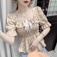 summer new short sleeved chiffon shirt 2022 foreign style korean womens fashion bow stitching lace slimming top woman tshirts