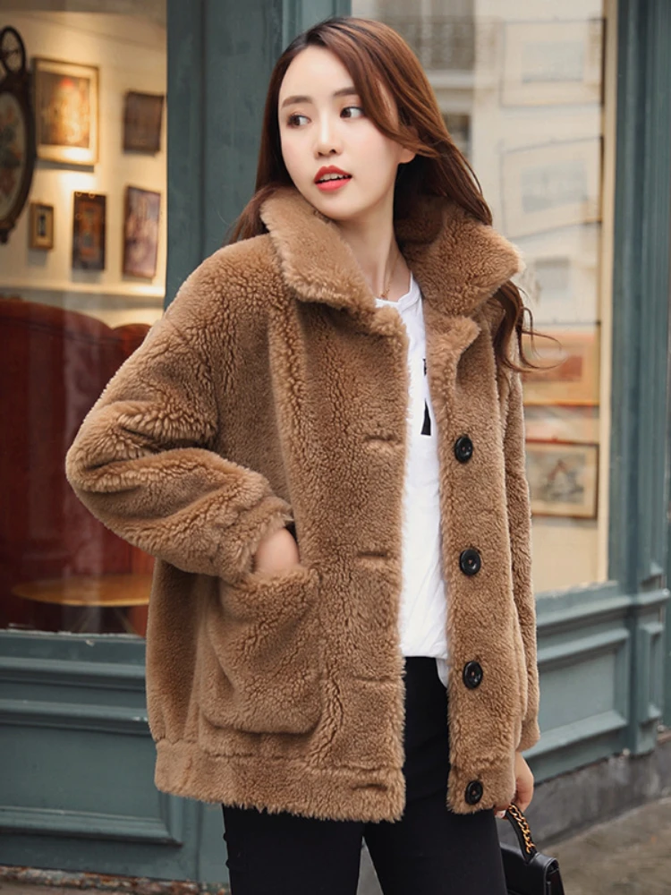 ICCLEK Women's coat autumn sheep shearling coat women's long sleeved coat