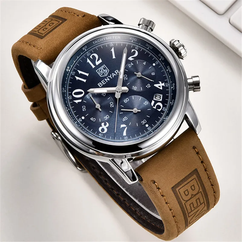 Часы-хронограф мужские водонепроницаемые из натуральной кожи в стиле милитари |