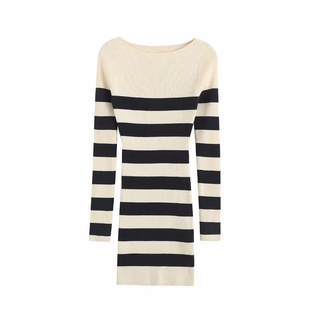 

European and American Style 2023 Spring New Women's Body-fitting Striped Knitted Mini Dress 3390/003 3390003