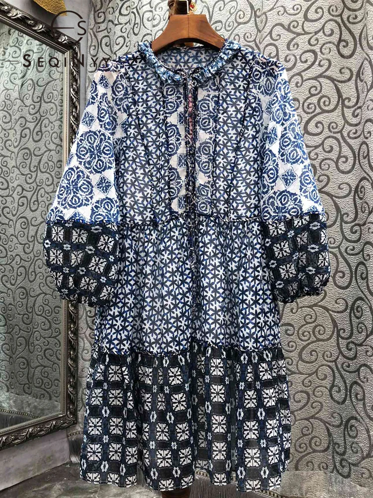 

SEQINYY Casual Mini Dress Summer Spring New Fashion Design Women Runway High Street Blue Flowers Print Loose Bohemian