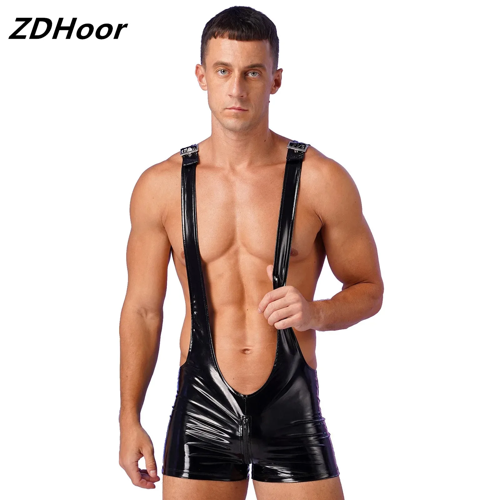 

Mens Glossy Patent Leather Overalls Bodysuit Adjustable Buckle Straps Zipper Crotch Suspenders Shorts Sailor Captain Lingerie