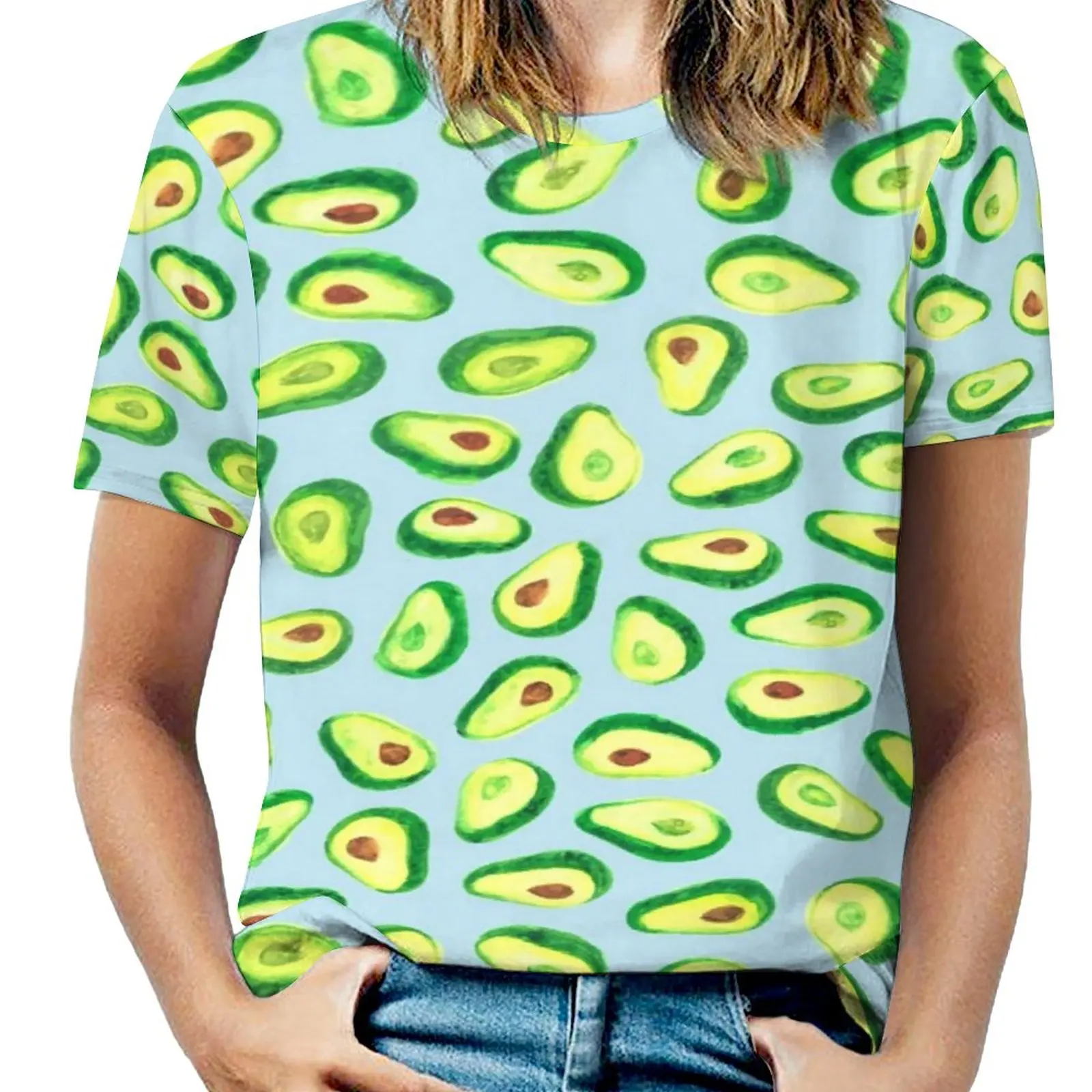 

Fruit Pattern T-Shirt Avocado Love Print Elegant T-Shirts Short-Sleeve Printed Tshirt Woman Street Wear Top Tees Large Size