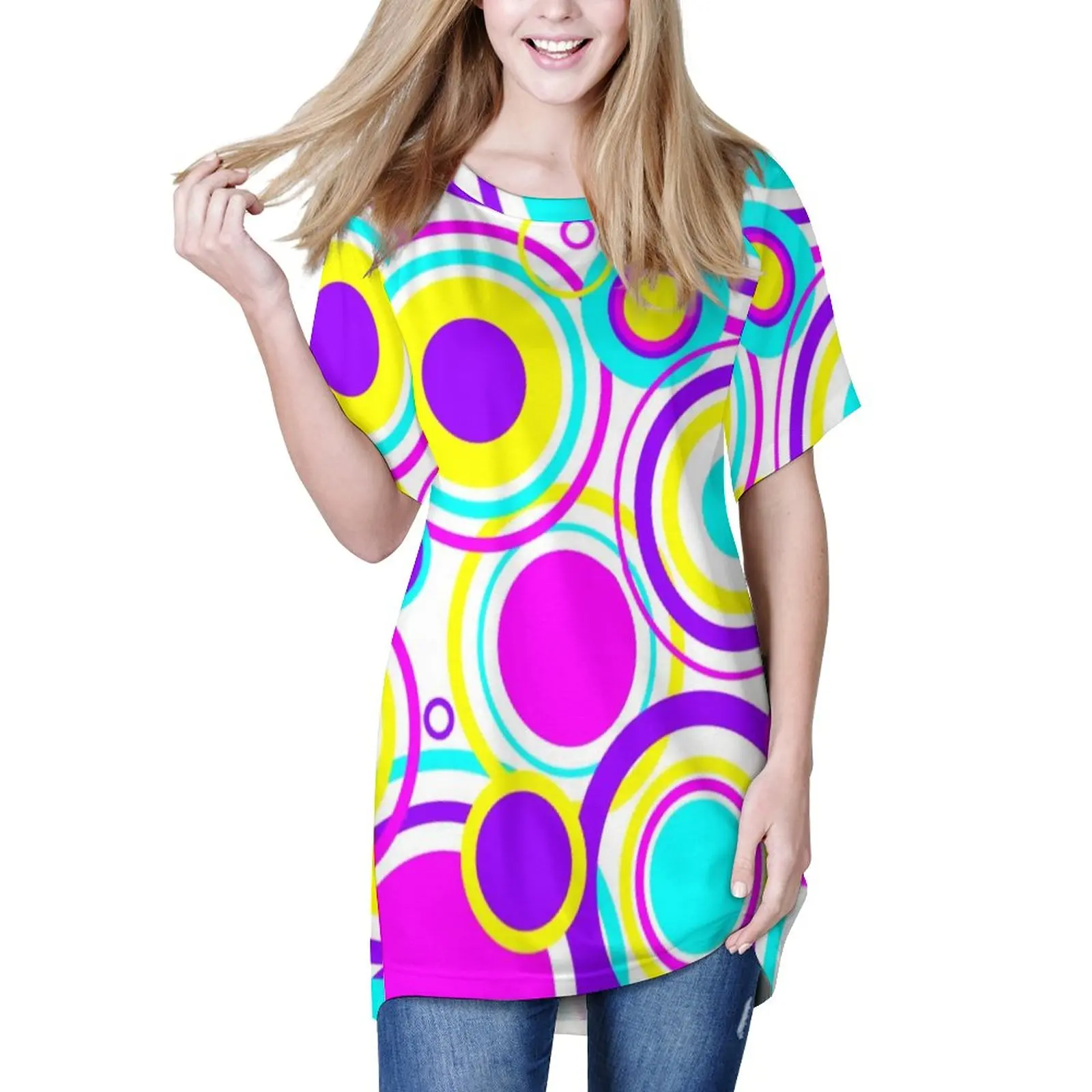 

Retro Circles Pattern T-Shirt Bright 60s Print Retro Loose T-Shirts Short Sleeves Basic Tshirt Beach Casual Big Size Clothing