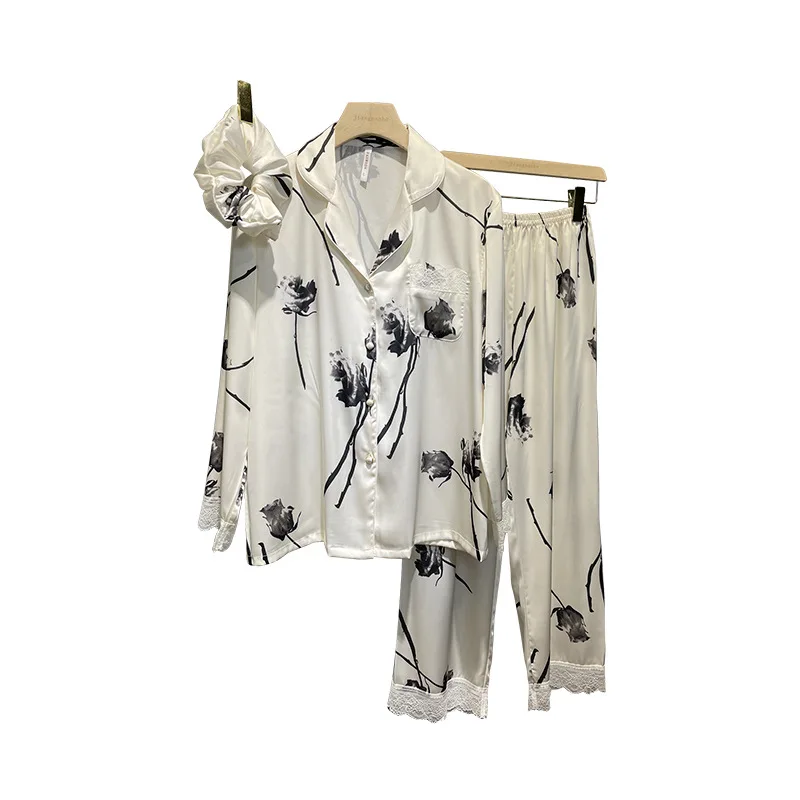 Women's 3 Piece Pajamas Set inkwash painting rose Lace Pijama Faux Silk Satin Pyjamas Female Sleepwear Long Sleeve Shirt Pants