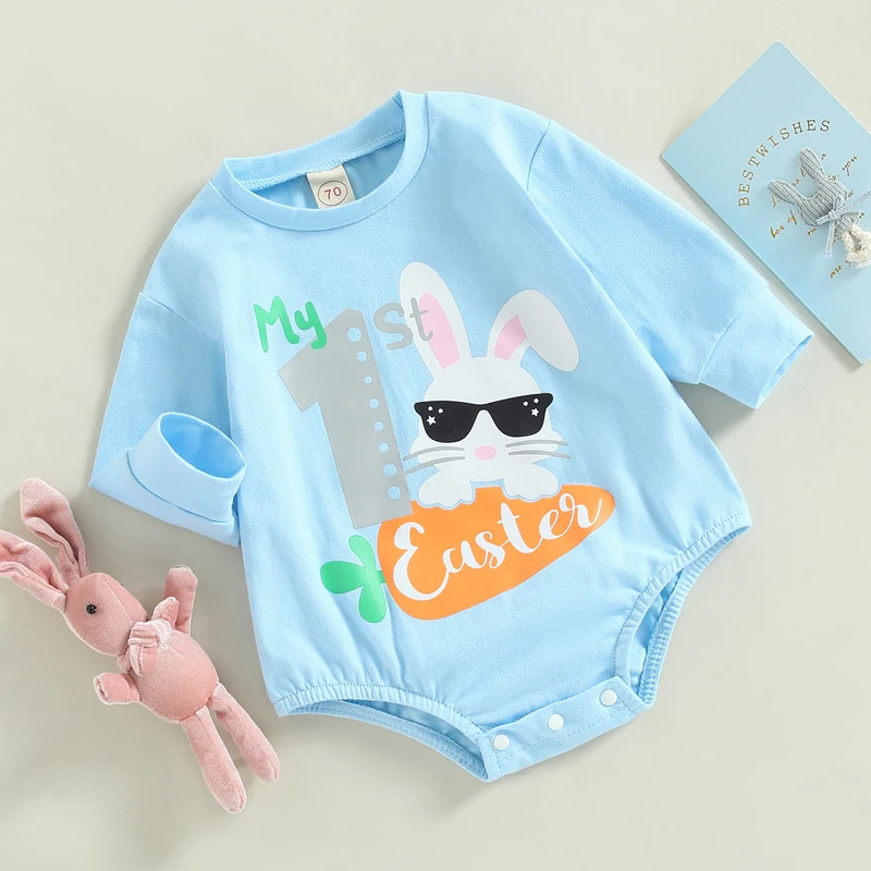 

Весенний Пасхальный Комбинезон для маленьких девочек и мальчиков, голубой комбинезон с длинным рукавом и круглым вырезом, комбинезоны с надписью и принтом кролика, комбинезоны, одежда