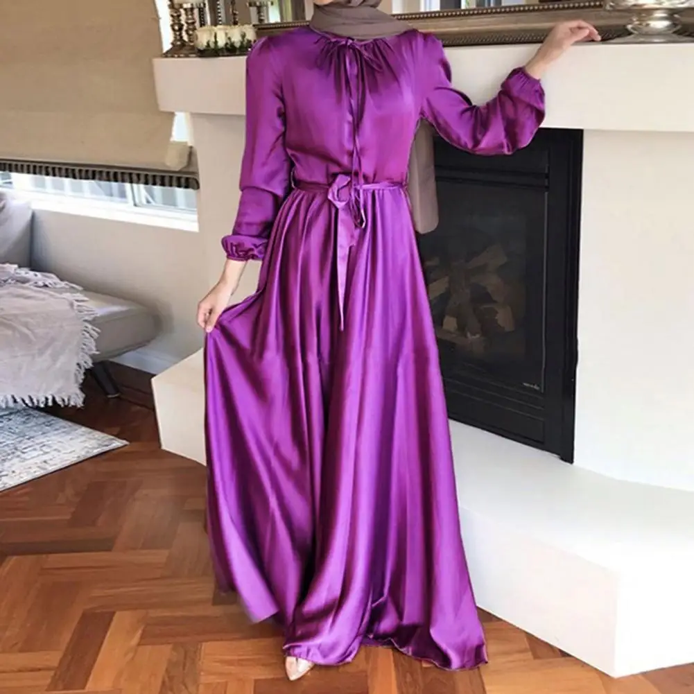 

Unique Breathable Pleated Elegant Smooth Satin Large Hem Traditional Dress Female Clothing Maxi Dress Women Dress
