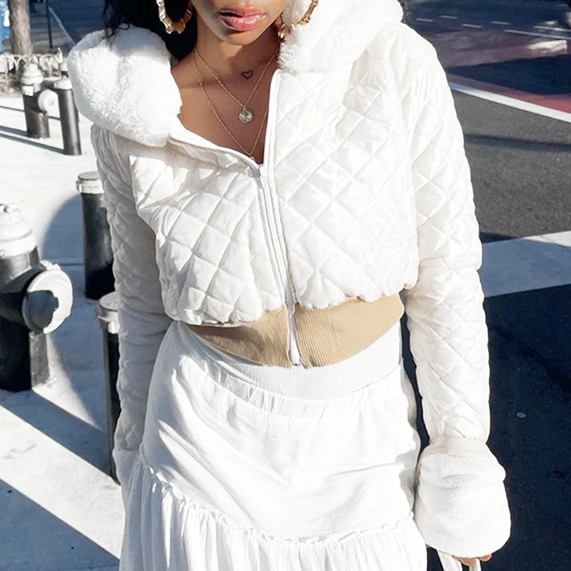 

Women's Sexy Long Sleeve Zipper Top Feather Trim Deep V Neck Basic Tight Down Coat White