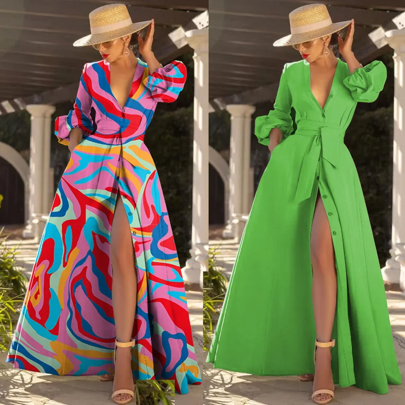 

WUHE 2023 весеннее платье-рубашка макси для женщин с V-образным вырезом и длинным рукавом однобортные вечерние платья Элегантное ТРАПЕЦИЕВИДНО...