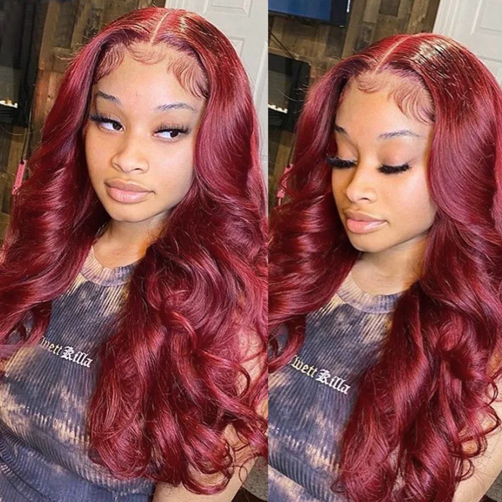 

180% Density 13X4 99J Burgundy Body Wave Lace Front Wig Red Colored HD Transparent Lace Frontal Human Hair Wigs Pre plucked