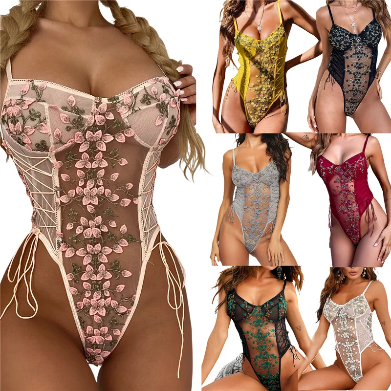

Women Sexy Lace Mesh See-Through Embroidery Strappy Bodysuit One Piece Black/white/grey/green/burgundy/yellow/Pink