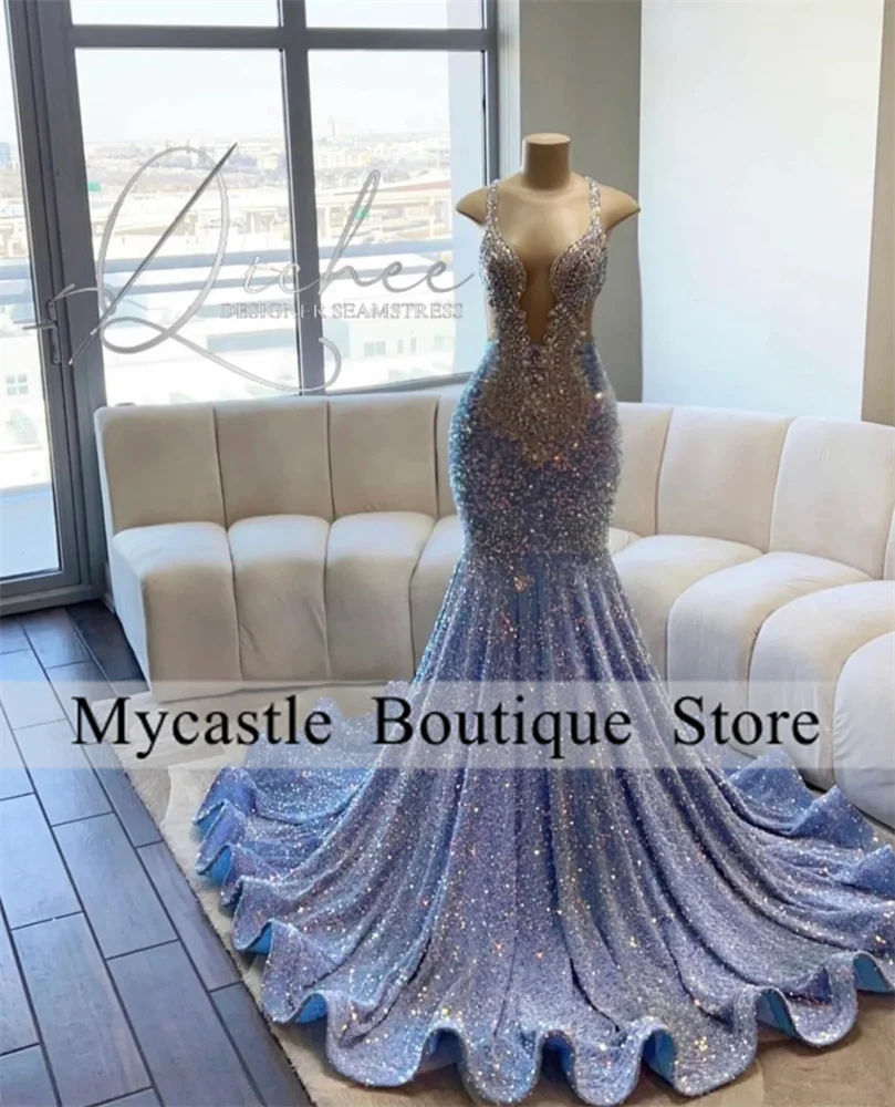 

Luxury Blue Velvet Long Prom Dresses 2023 For Black Girls Sparkly Beaded Crystals Mermaid Birthday Party Gowns Robes De Soirée