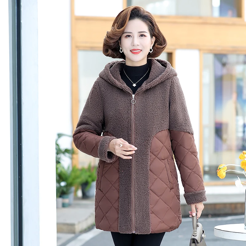 Hooded Parkas Women's Fleece Winter Jacket Warm Thicken Cotton Coat Loose Female Lambs wool Long Snow Parka Splicing Overcoat