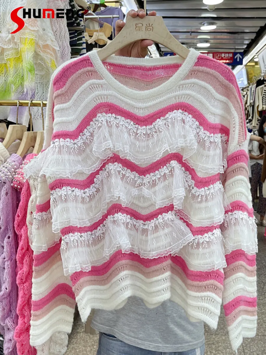 

Новинка 2022 Ранняя осень Модный волшебный свитер в Корейском стиле с круглым вырезом женский простой милый свободный кружевной пуловер с бу...