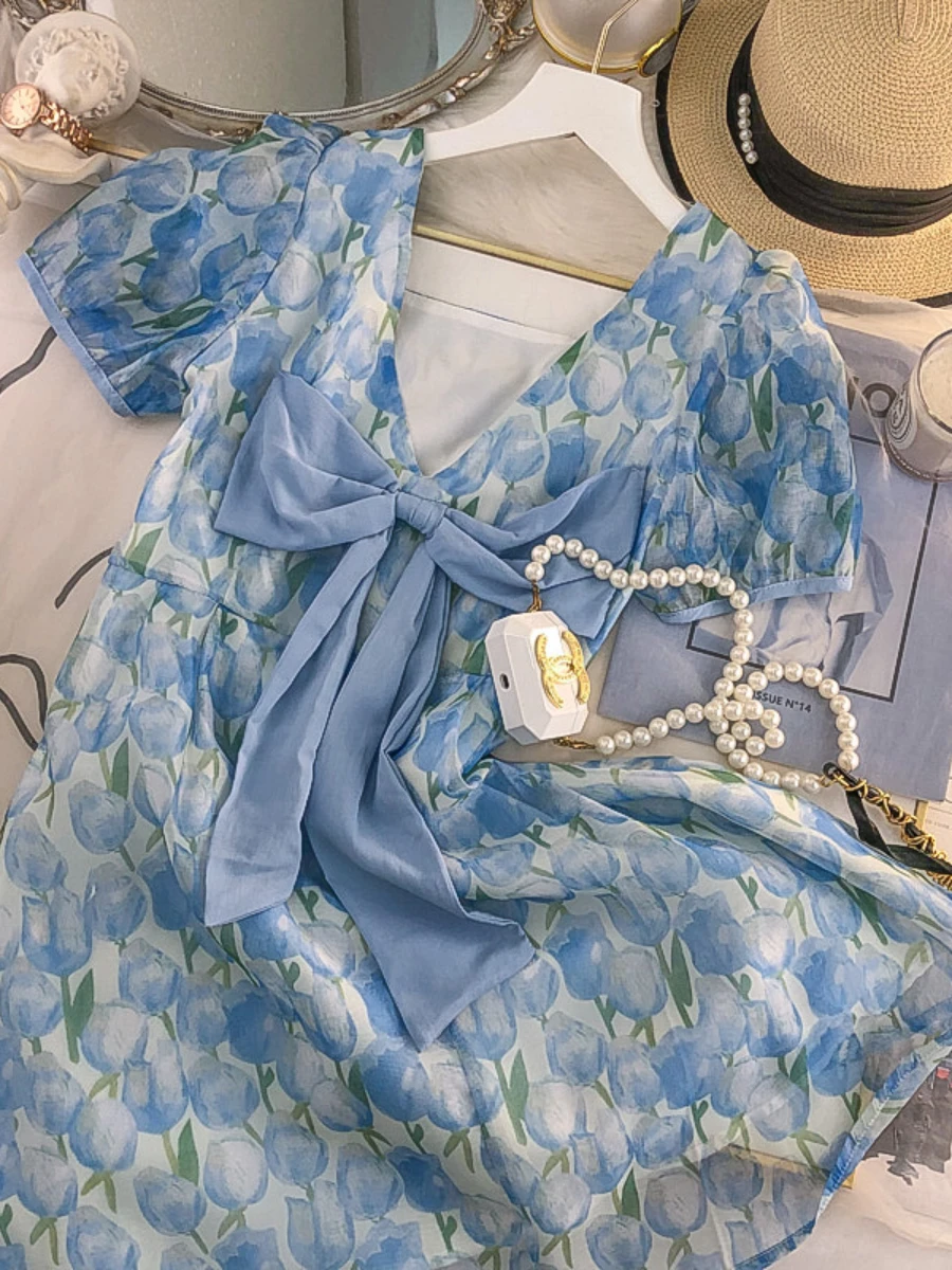 

French Romantic Square Collar Puff Sleeve Floral Dress for Women 2022 Summer New Fashion Design Backless Bow Short Dresses