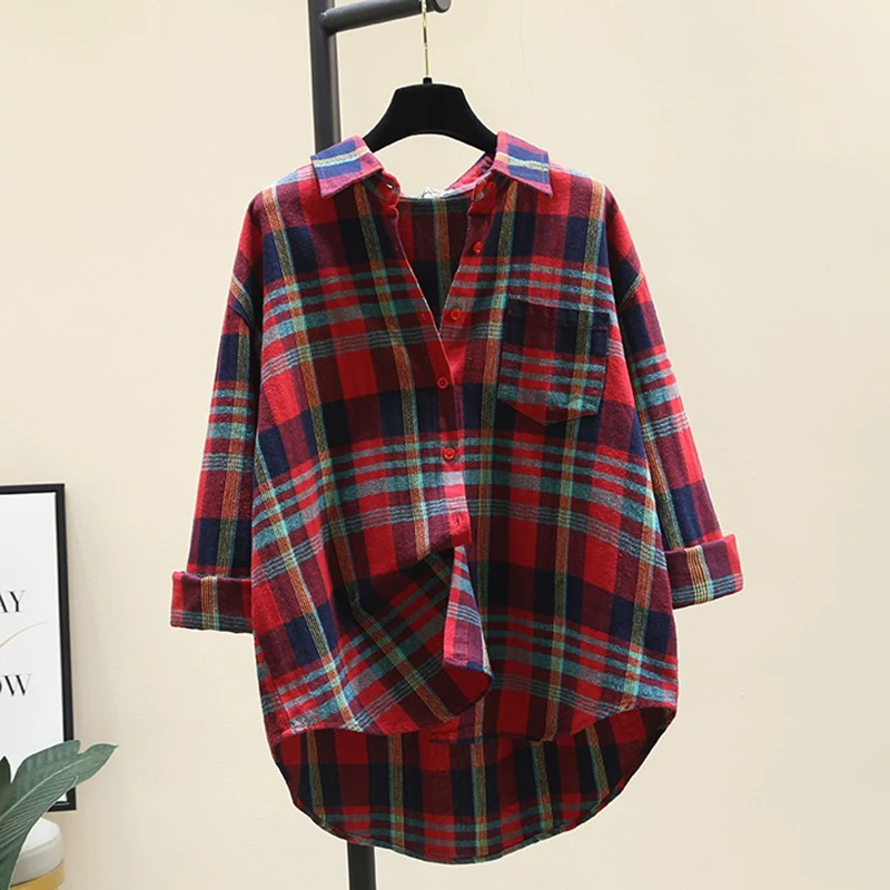 2022 New Women's Shirts fashion Red Plaid Spring Summer Shirt Top MidL Length Loose Casual POLO Collar Thin Coat Female Jacket