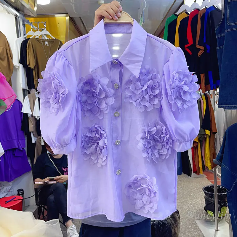 

Three-Dimensional Flower Blouses Femme 2023 Summer Stitching Top Short Puff Sleeve Chiffon Shirt Loose Transparent Blusas Mujer