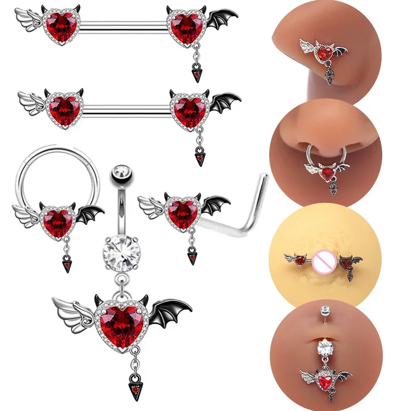 

Sexy 1Pcs Bat Series Breast Ring Piercing Navel Ring Demon Heart Shaped Red Zircon Belly Nail Nose Ring Piercing Jewelry