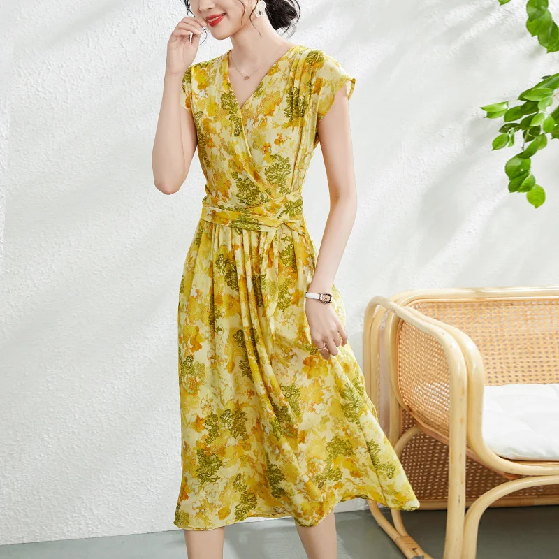 

Waistband Summer floral dress Women's fashion mulberry silk temperament shows thin long dress irregular design silk dress 23E019
