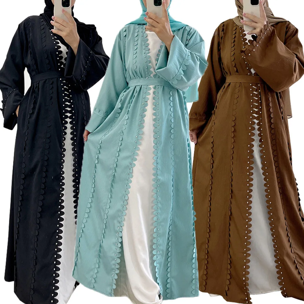 

Dubai Turkey Beads Open Abaya Women Kaftan Muslim Maxi Dress Kimono Cardigan Belted Jalabiya Islamic Arab Robe Gown Eid Eamadan