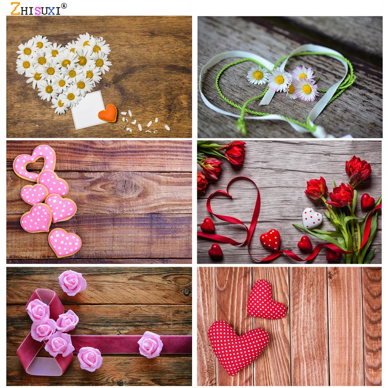 

Vinyl Custom Valentine Day Photography Backdrops Prop Love Heart Rose Flower Wooden Floor Photo Studio Background 21415 ZOOM-01