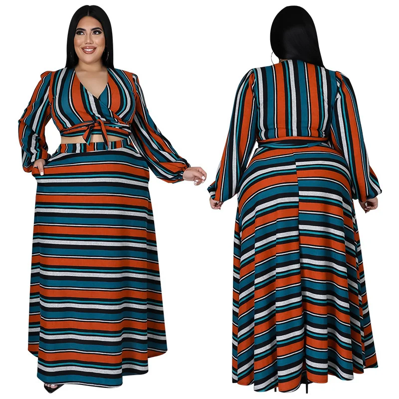 Plus Size Winter Sets Women Skirt Two Piece Suits Patchwork Stripe Long Sleeve Ladies Outifts Who 3xl 4xl 5xl 6xl