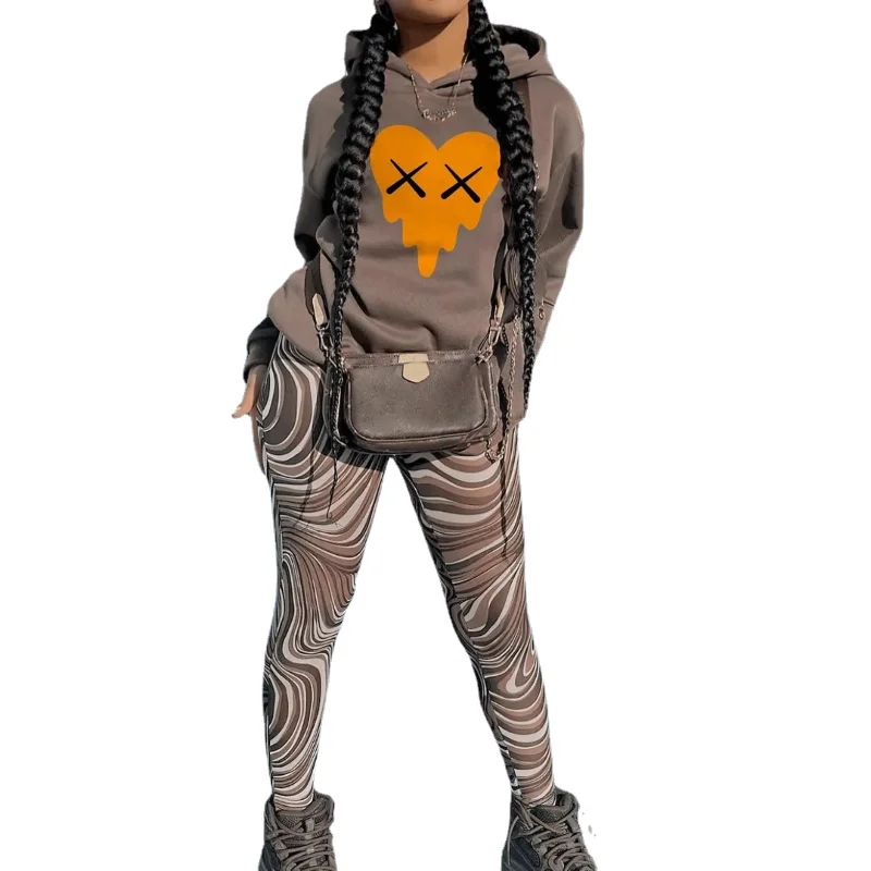 Plus Size Women Clothing Hooded Sweater Print Casual Long Sleeve Sweater Ruffle Skinny Pants 2 Piece Sets Womens Outfits Slim