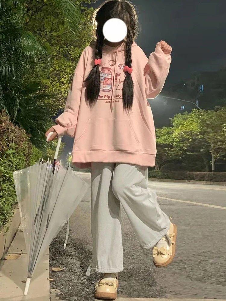 

Kawaii Pink Hoody Suit 2022SS Female Student Korean Loose Hooded Sweatshirt + Casual Wide-leg Pants Fashion Warm Two-piece Set