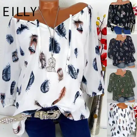 Casual Woman Blouse 2022 Loose Feather Print Female Off Shoulder Female Blouses V Neck Fashion Simple Half Sleeve Women Shirts