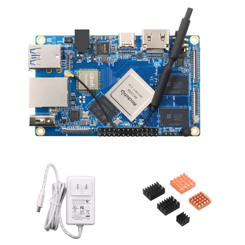 For Orange Pi 4 LTS 4GB LPDDR4 16GB EMMC Rockchip RK3399 Wifi+BT5.0 Heatsinks for OPI 4 LTS Development Board US Plug